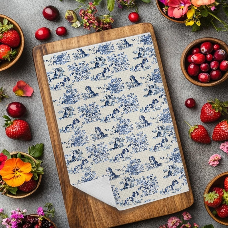 EKGJW Chinoiserie Cavalier King Charles Spaniel Kitchen Towels, King Charles Cavalier Gifts Dish Tea Towels for Kitchen, Grandmillennial Toile de Jouy Dog Hand Towels for Bathroom, 16x24 Inch - Image 3
